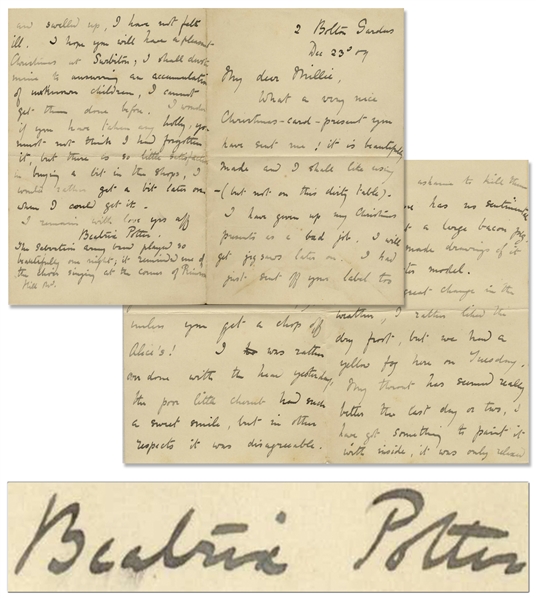 Beatrix Potter Autograph Letter Signed -- ''...It is rather a shame to kill them so young; one has no sentimental feeling about a large bacon pig. I have made drawings of it and a plaster model...''